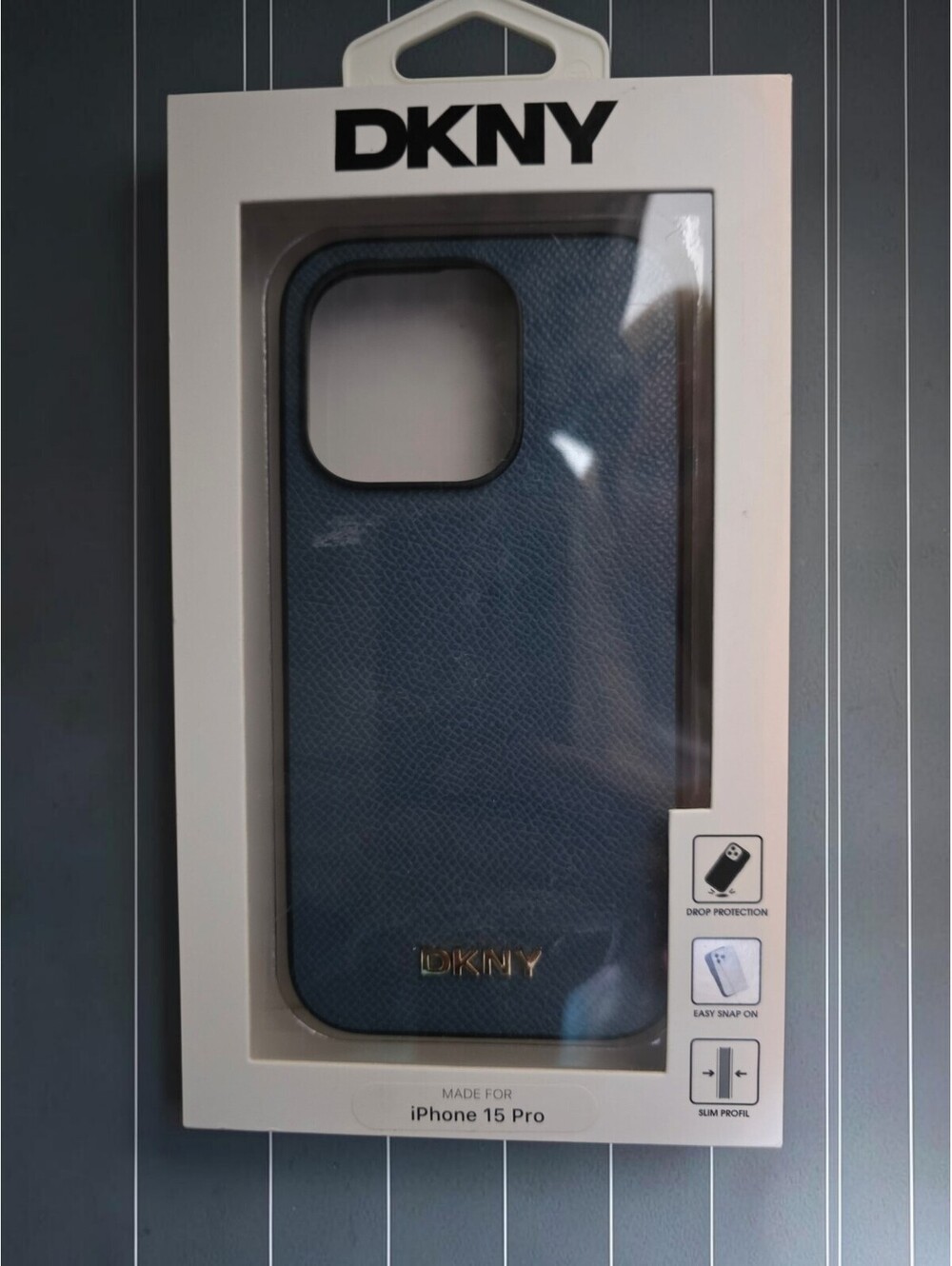DKNY Blue Leather iPhone 15 Pro Case with Gold Logo